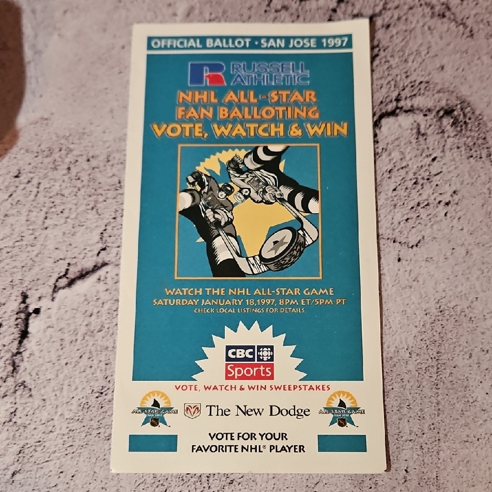 🌟3/$25🌟 Russell Athletic NHL All-Star Ballot Card 1997 NHL San Jose